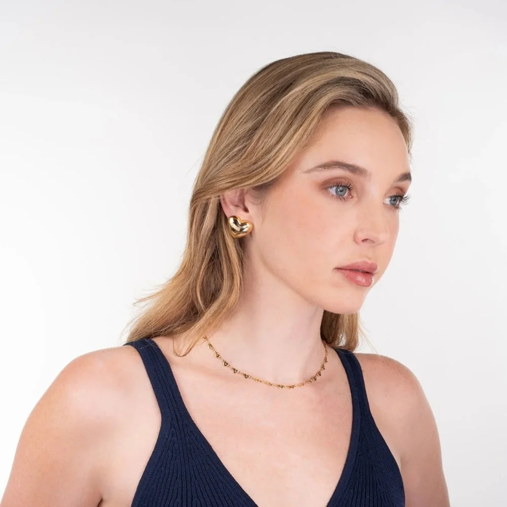 Gold Plated Puffy Heart Stud Earrings – Trendy & Chic - Picture 4 of 5